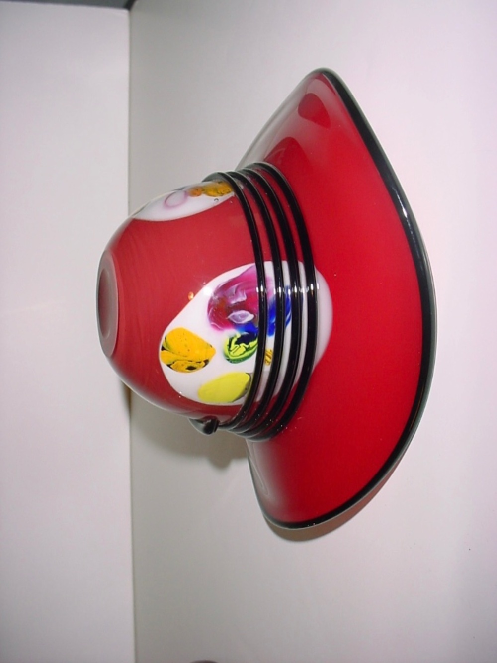 Murano Style Hand Blown Cased Art Glass Red Hat Bowl w Millefiori Flowers